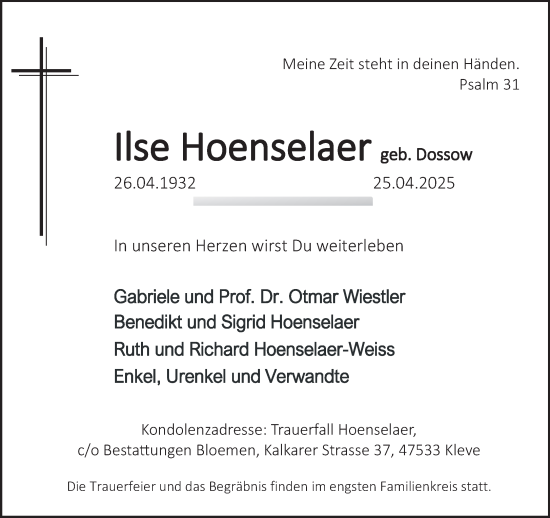 Traueranzeige von Ilse Hoenselaer von NNA