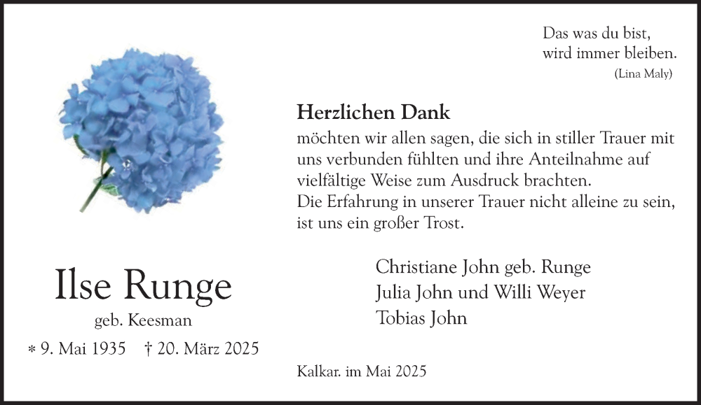  Traueranzeige für Ilse Runge vom 24.05.2025 aus NNA