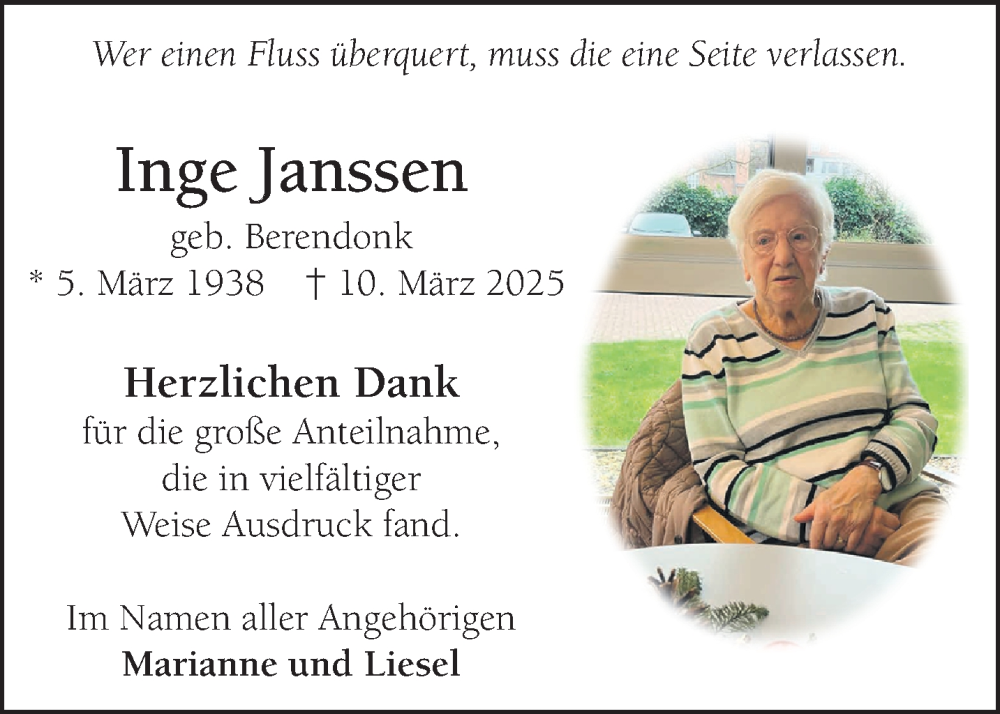  Traueranzeige für Inge Janssen vom 10.05.2025 aus NNA