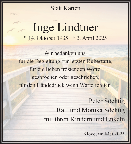Traueranzeige von Inge Lindtner von NNA