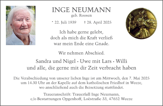 Traueranzeige von Inge Neumann von NNA