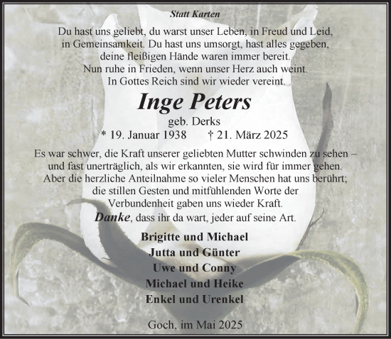 Traueranzeige von Inge Peters von NNA