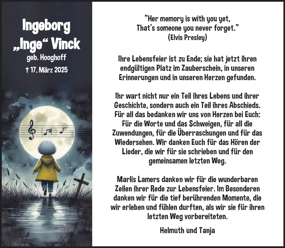 Traueranzeige für Ingeborg Vinck vom 10.05.2025 aus NNA