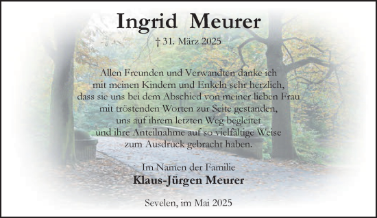 Traueranzeige von Ingrid Meurer von NNA