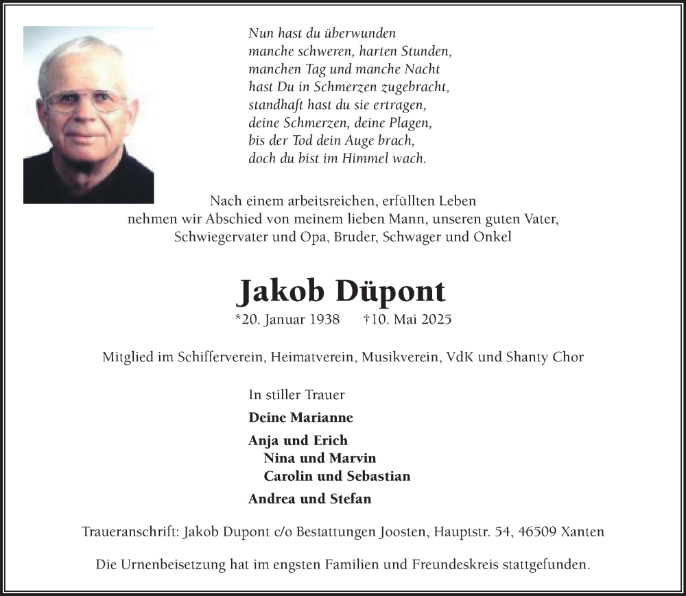  Traueranzeige für Jakob Düpont vom 31.05.2025 aus NNA