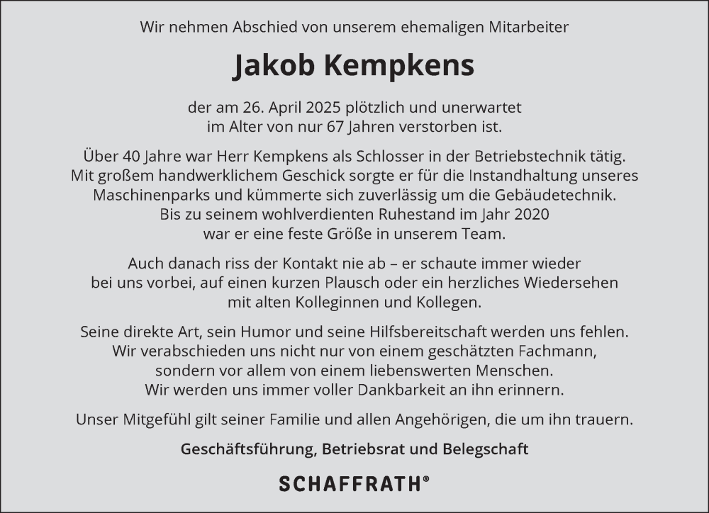  Traueranzeige für Jakob Kempkens vom 24.05.2025 aus NNA
