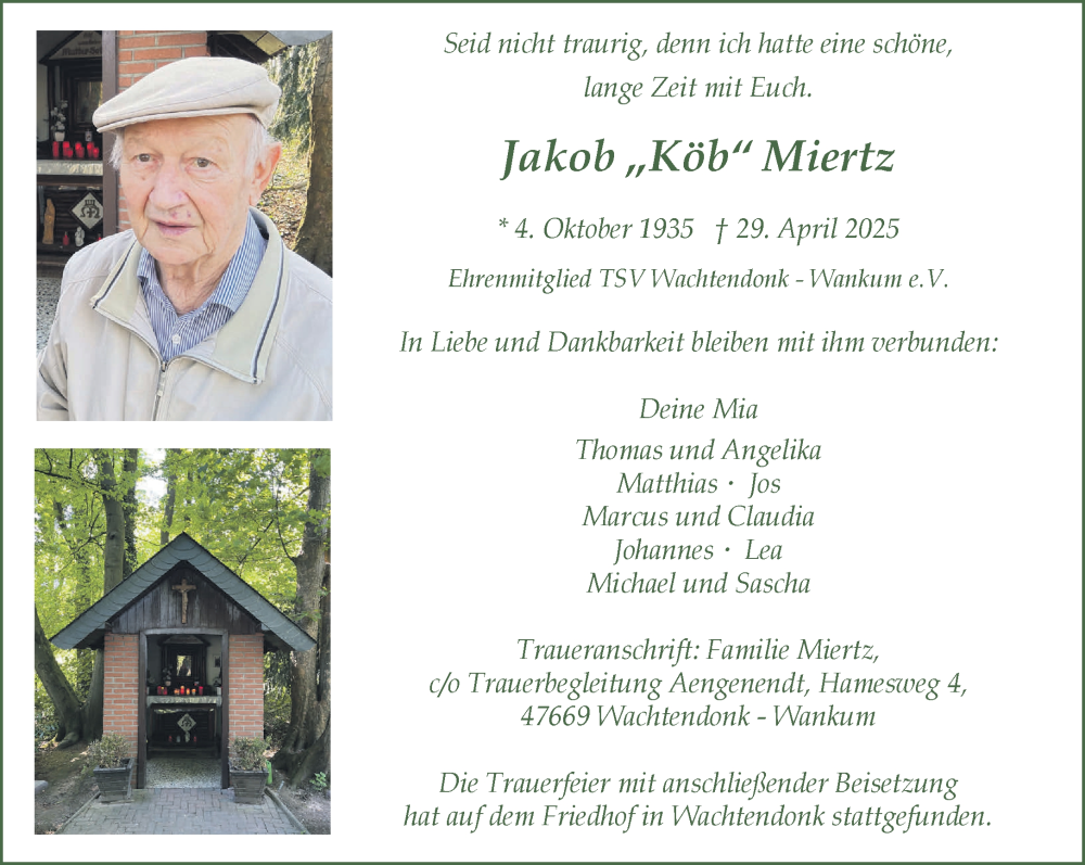  Traueranzeige für Jakob Miertz vom 10.05.2025 aus NNA