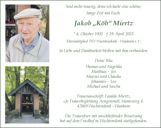 Traueranzeige von Jakob Miertz von NNA