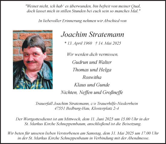 Traueranzeige von Joachim Stratemann von NNA
