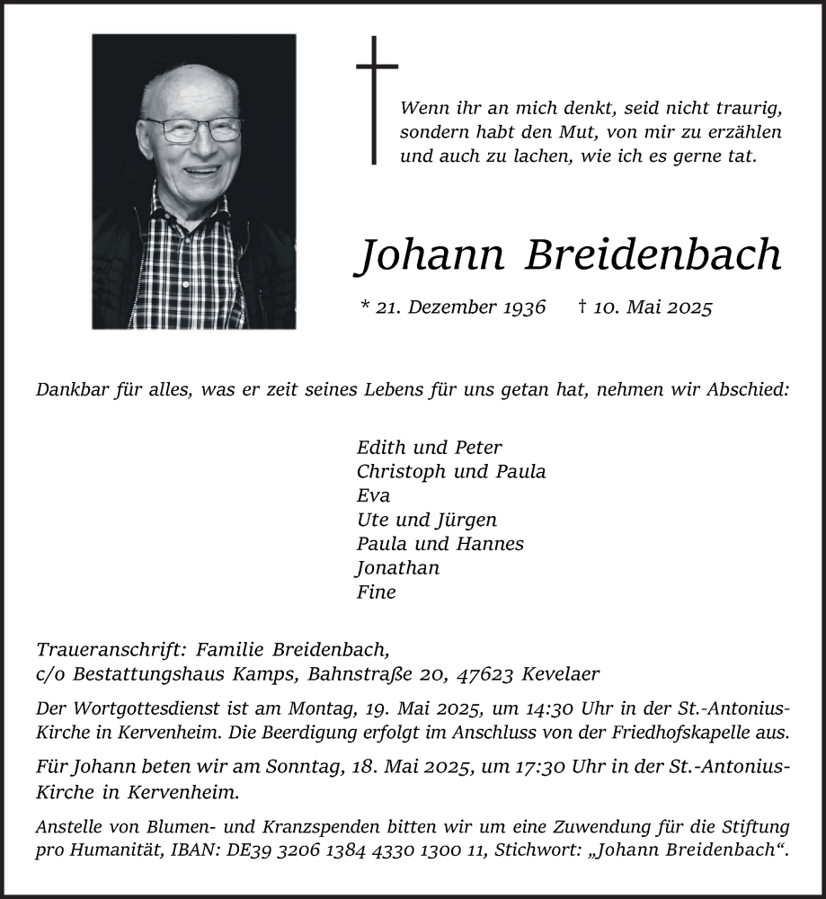  Traueranzeige für Johann Breidenbach vom 17.05.2025 aus NNA