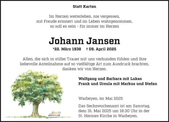 Traueranzeige von Johann Jansen von NNA