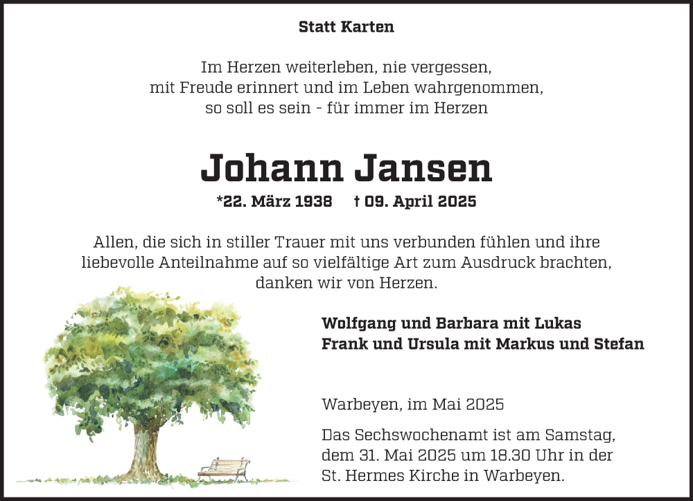  Traueranzeige für Johann Jansen vom 24.05.2025 aus NNA