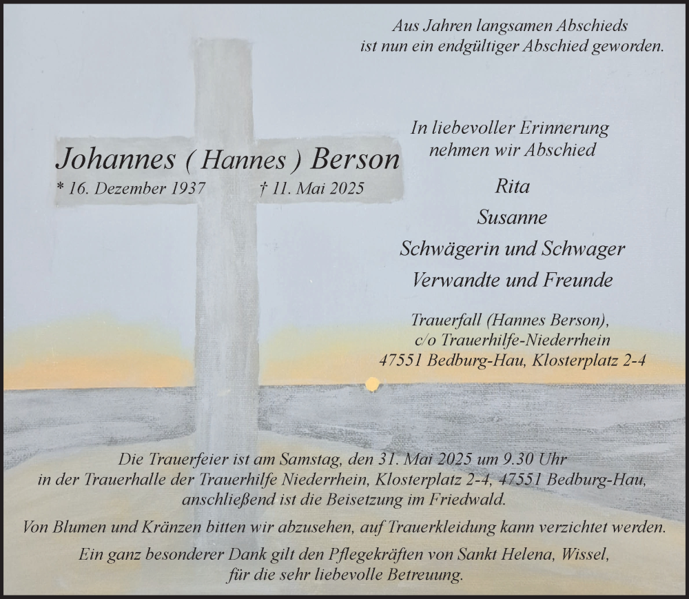  Traueranzeige für Johannes Berson vom 24.05.2025 aus NNA