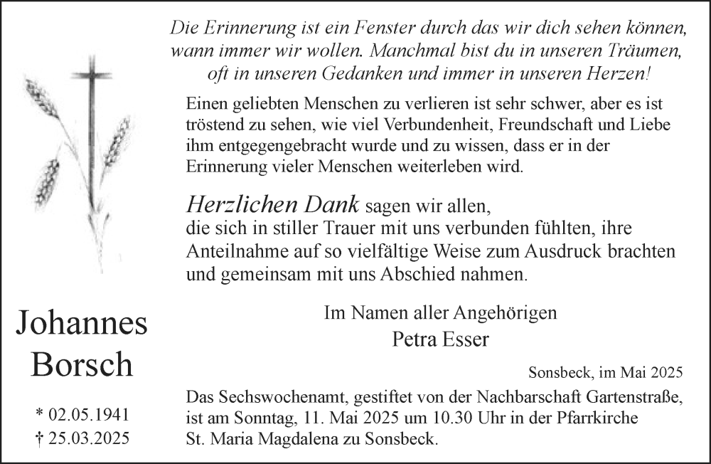  Traueranzeige für Johannes Borsch vom 03.05.2025 aus NNA
