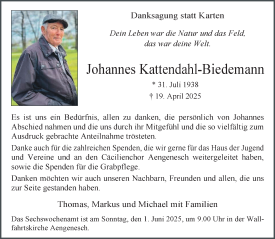 Traueranzeige von Johannes Kattendahl-Biedemann von NNA