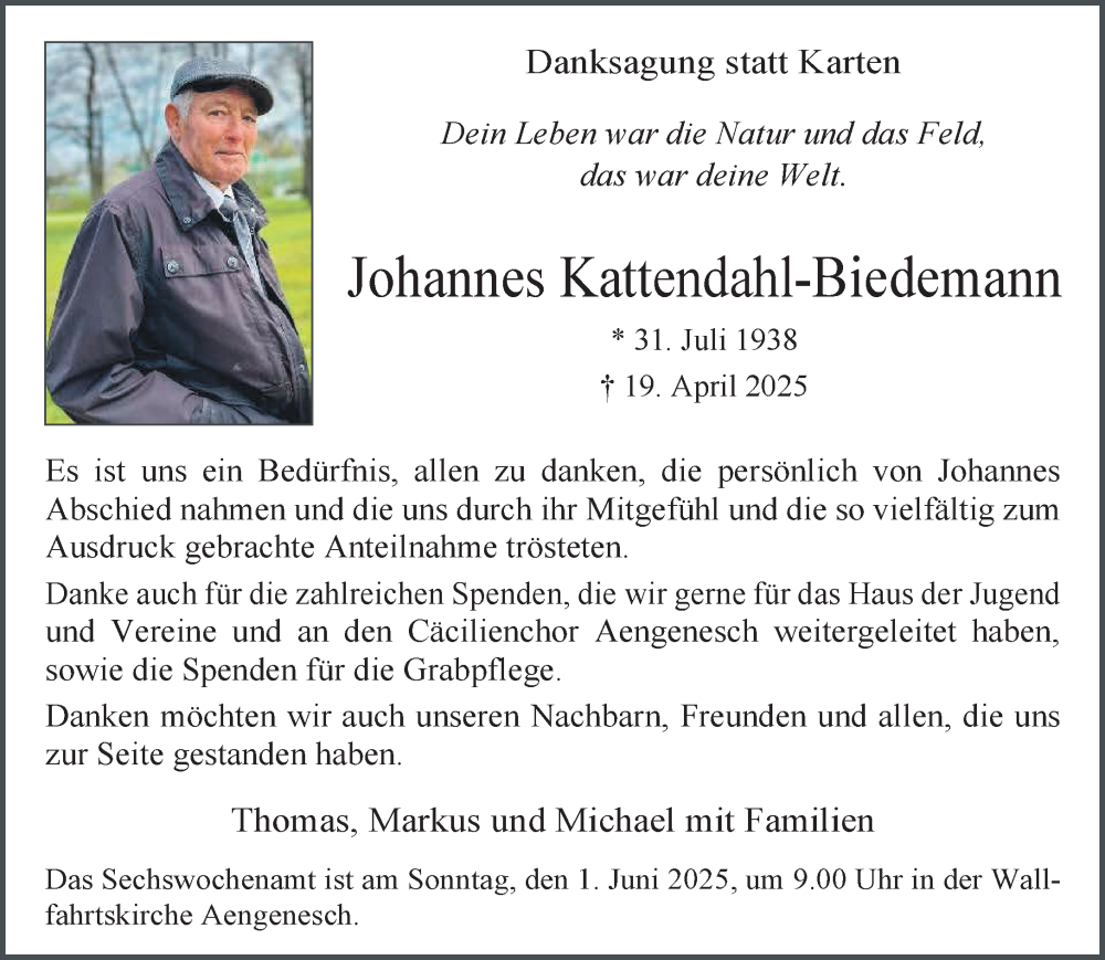  Traueranzeige für Johannes Kattendahl-Biedemann vom 24.05.2025 aus NNA