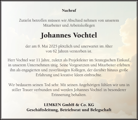 Traueranzeige von Johannes Vochtel von NNA