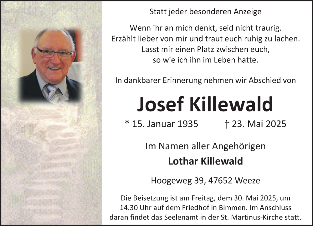  Traueranzeige für Josef Killewald vom 28.05.2025 aus NNA