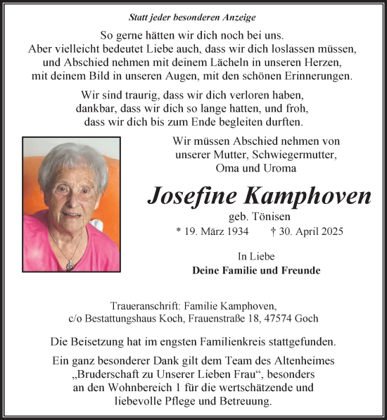 Traueranzeige von Josefine Kamphoven von NNA