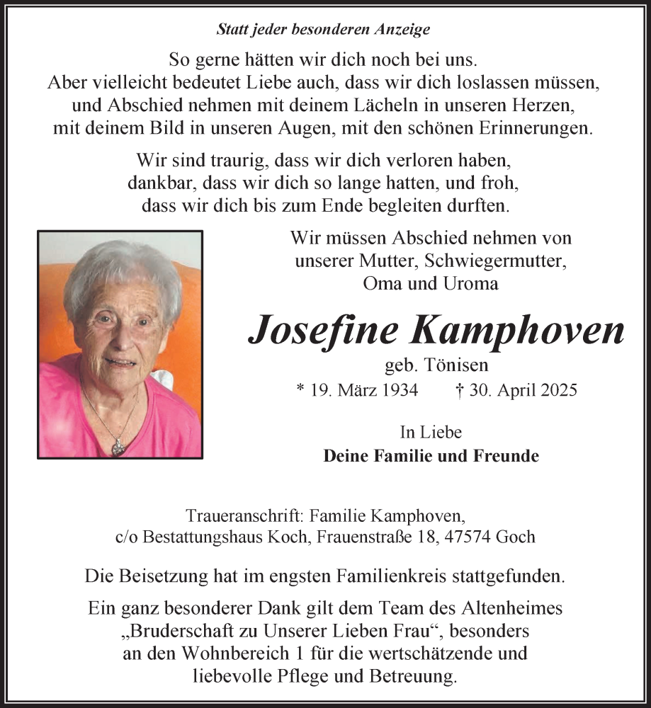  Traueranzeige für Josefine Kamphoven vom 10.05.2025 aus NNA