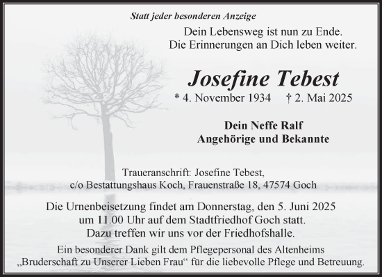 Traueranzeige von Josefine Tebest von NNA