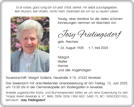 Traueranzeige von Josy Frielingsdorf von NNA