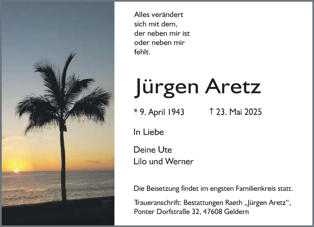  Traueranzeige für Jürgen Aretz vom 31.05.2025 aus NNA