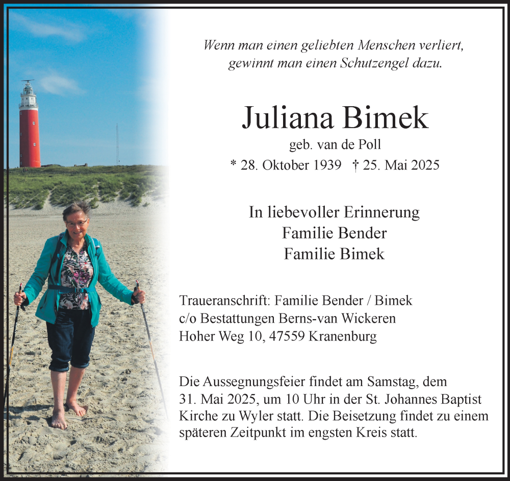  Traueranzeige für Juliana Bimek vom 28.05.2025 aus NNA