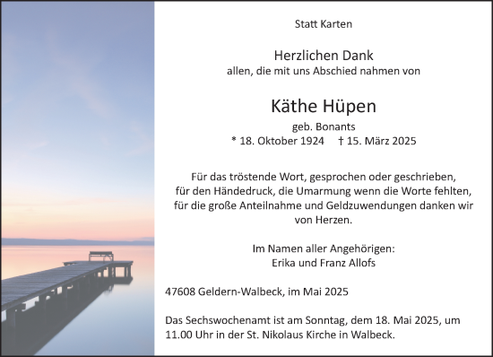 Traueranzeige von Käthe Hüpen von NNA