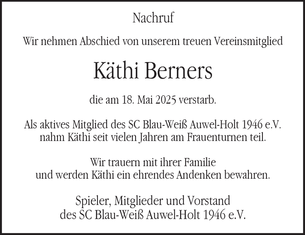  Traueranzeige für Käthi Berners vom 24.05.2025 aus NNA