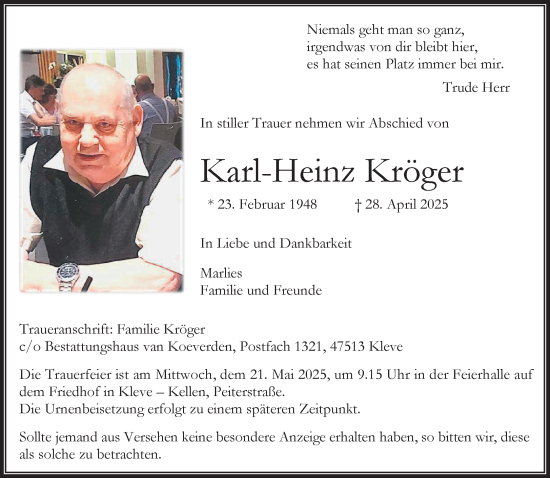Traueranzeige von Karl-Heinz Kröger von NNA