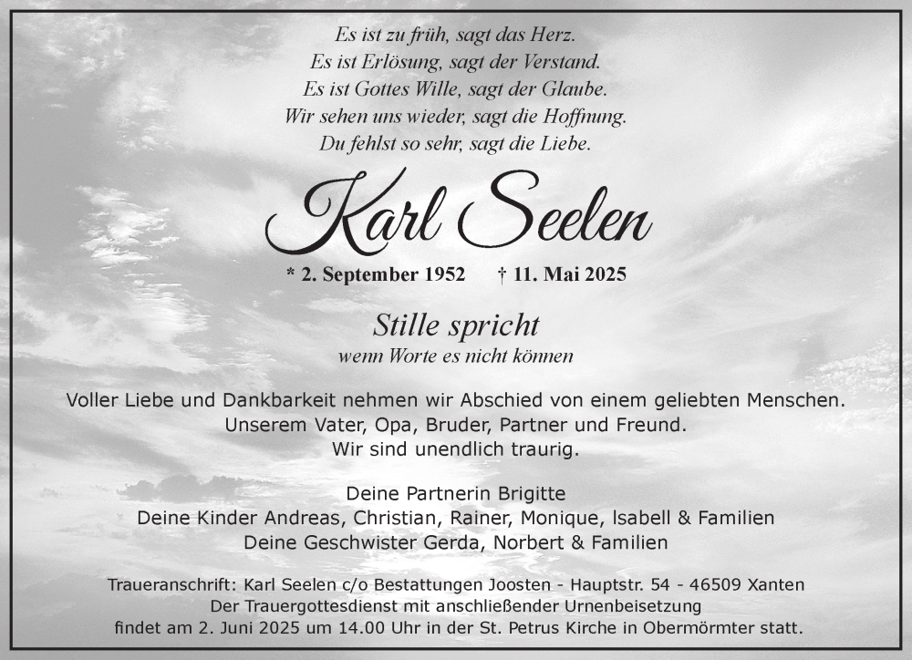  Traueranzeige für Karl Seelen vom 24.05.2025 aus NNA