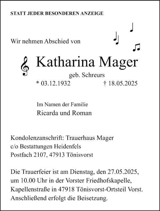 Traueranzeige von Katharina Mager von NNA