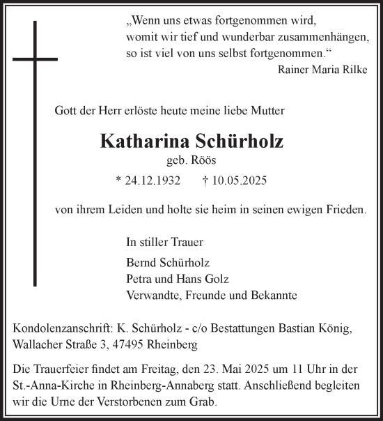 Traueranzeige von Katharina Schürholz von NNA