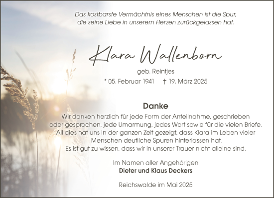 Traueranzeige von Klara Wallenborn von NNA