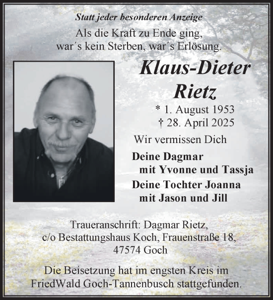 Traueranzeige von Klaus-Dieter Rietz von NNA