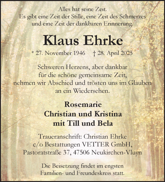 Traueranzeige von Klaus Ehrke von NNA