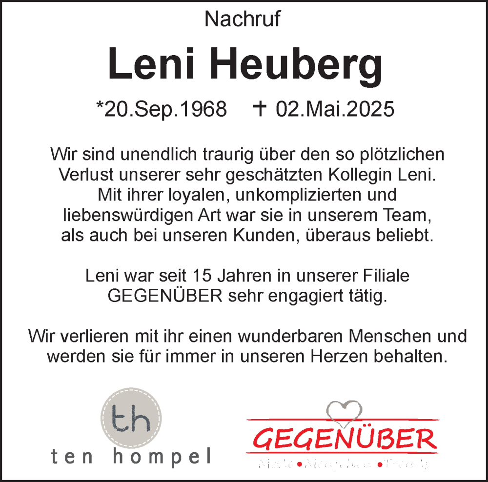  Traueranzeige für Leni Heuberg vom 24.05.2025 aus NNA