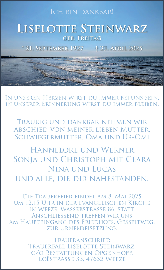 Traueranzeige von Liselotte Steinwarz von NNA