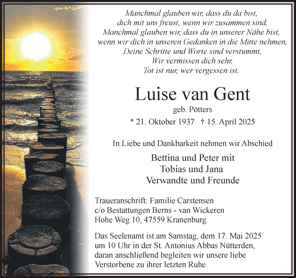  Traueranzeige für Luise van Gent vom 10.05.2025 aus NNA