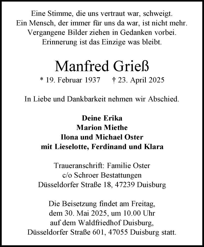  Traueranzeige für Manfred Grieß vom 10.05.2025 aus NNA