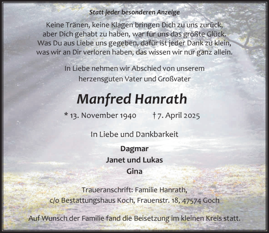 Traueranzeige von Manfred Hanrath von NNA