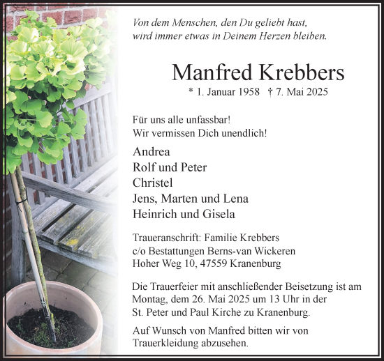Traueranzeige von Manfred Krebbers von NNA