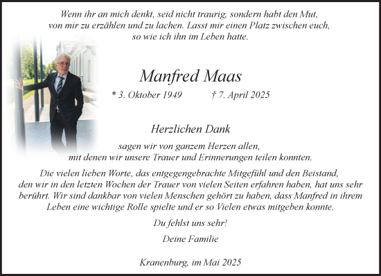 Traueranzeige von Manfred Maas von NNA
