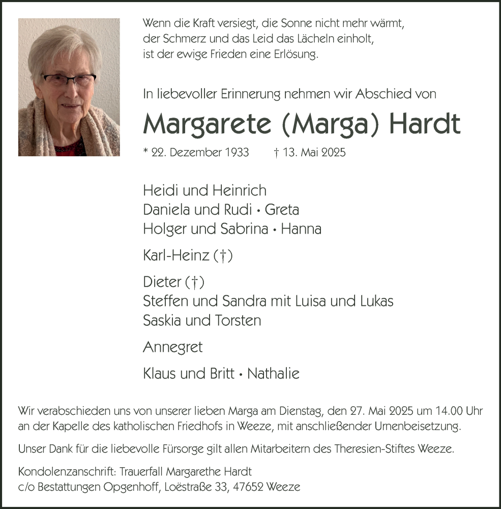  Traueranzeige für Margarete Hardt vom 21.05.2025 aus NNA