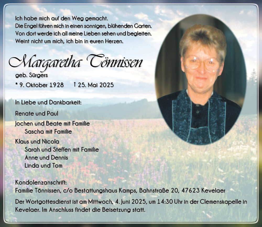  Traueranzeige für Margaretha Tönnissen vom 31.05.2025 aus NNA