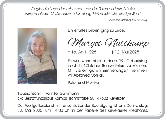 Traueranzeige von Margot Nattkamp von NNA