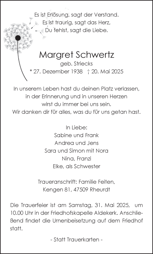  Traueranzeige für Margret Schwertz vom 24.05.2025 aus NNA
