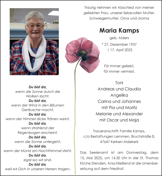 Traueranzeige von Maria Kamps von NNA