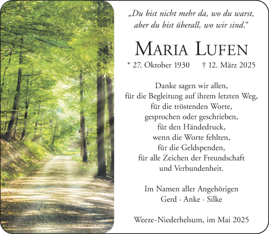 Traueranzeige von Maria Lufen von NNA